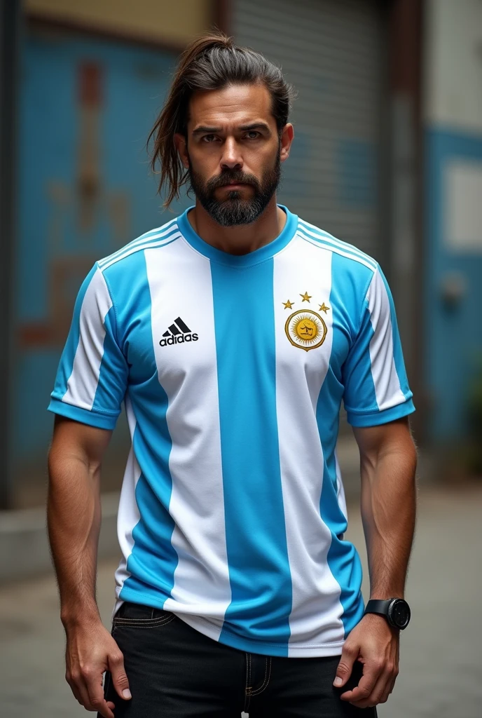 A man with an Argentine shirt and black jeans