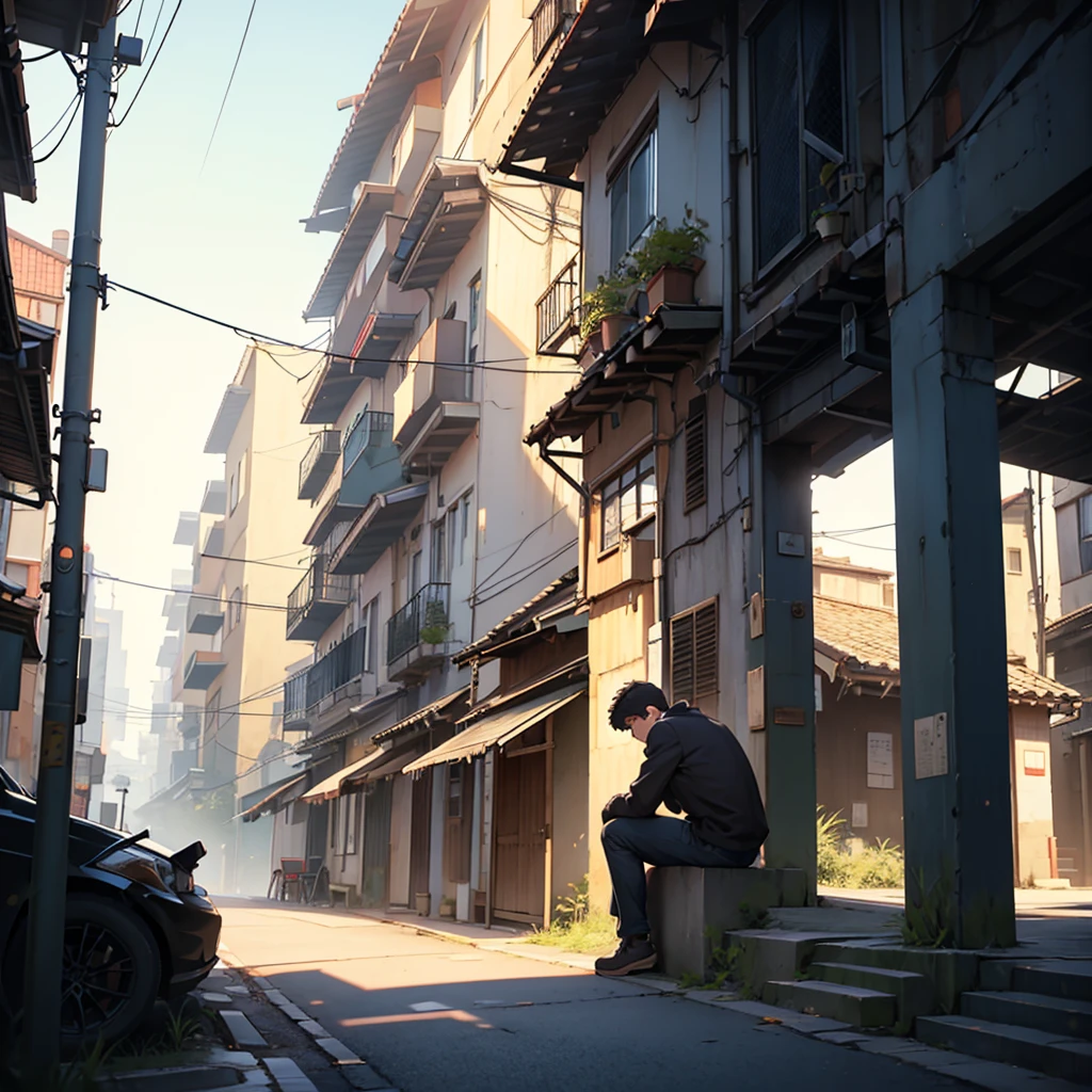 high resolution, Medium range image(×3), short hair, boy, Dan Fa, tall building, sit, Turn your back., Solo, Evening