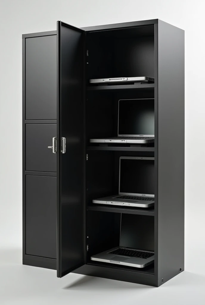 Little Phone locker that "The appearance is of a small cabinet with many compartments, similar to a cabinet for storing spiders, and it has five slots for laptops only. The color is black."
