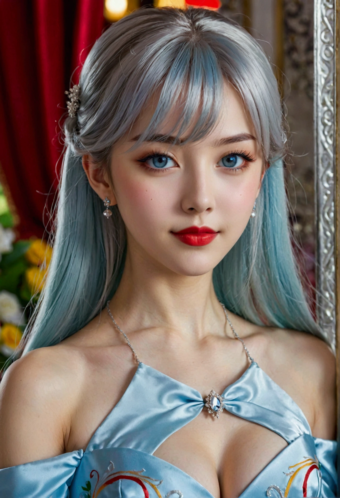 Anime style age girl, height of 1.70m, beautiful long hair, elegant, well-groomed and combed silver-colored hair, with long straight bangs, thin-faced, elegant y serio, cold-eyed, Seriously and with disinterest, sharp-eyed, finos y elegants de color arcoiris (the seven colors in each eye displayed in a blurred manner), with long eyelashes, Thin neck, with white and smooth skin, red lips that can't smile, with straight posture, fina y elegant, She is wearing a royal dress worthy of, elegant, fine light blue, Marking and showing her big breasts, with a thin waist and big hips.