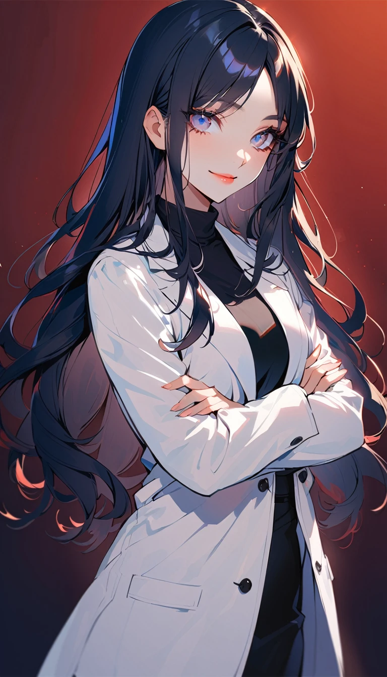 1woman, solo, black hair, middle part, long hair, gray eyes, droopy eyes, detailed eyes, eyelashes, light lips,  smile, 25years old, crossed arms, wear white lab coat, Black turtleneck, Navy blue pencil long skirt ,cowboy shot