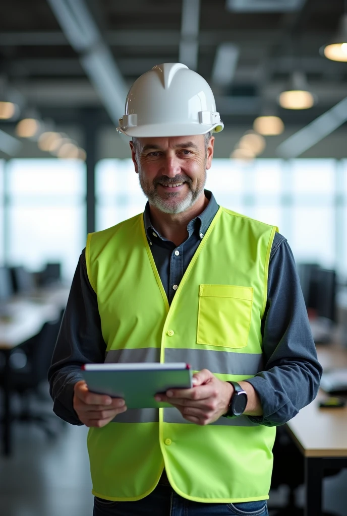 Engineer with White Helmet holding a board where he can write, clear green vest, making an audit, vertical image, inside an office