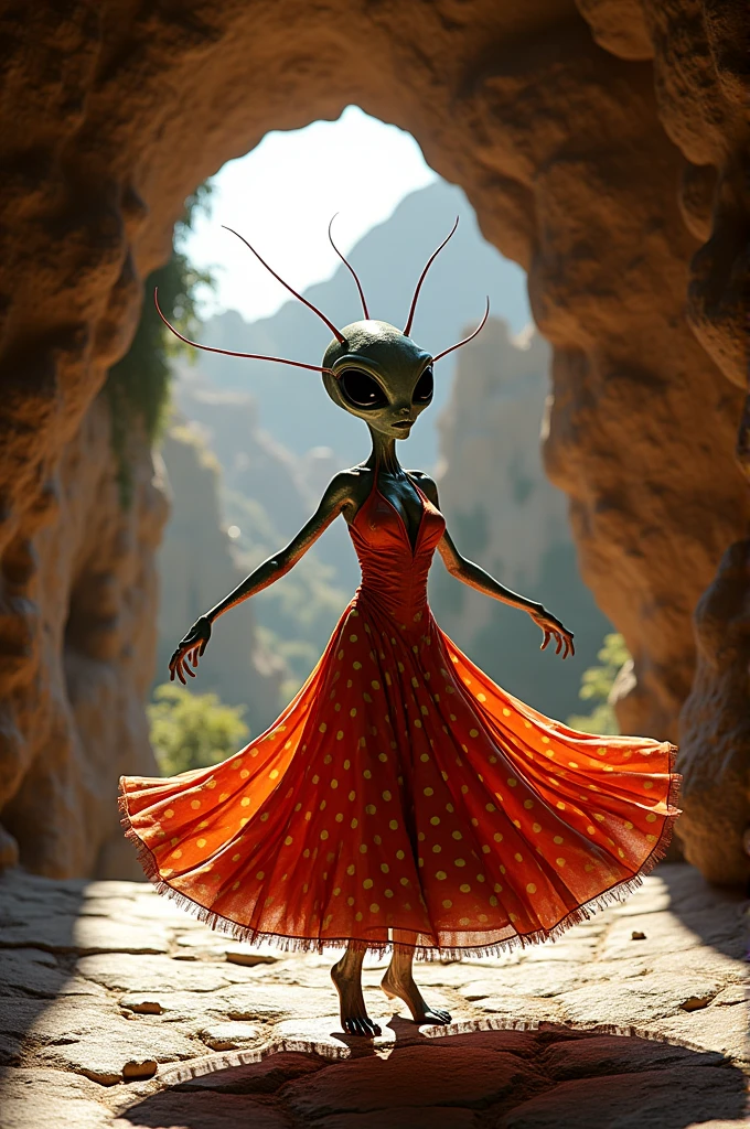 Create an image of an alien dancing flamenco and dressed in a polka dot flamenco dress and this one in a cave in the Albayzin 