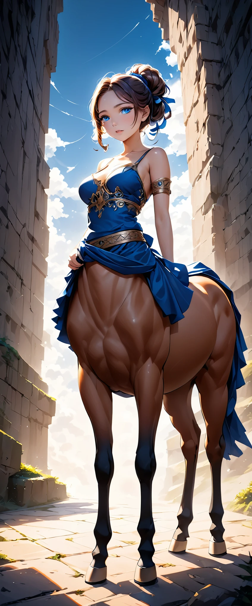 Intricately detailed female centaur, One female centaur, Well-balanced body, lewd eyes, Glamorous facial features, ((Beautiful Face, Blue Eyes, Long eyelashes, Natural Makeup)), Hair tied up, Heroine, Dress worn around the waist, ((Dynamic action scenes)), Majestic mythical creatures, Dramatic lighting, Fantasy art style, Cinematic構図, Bright colors, Dramatic Shadows, (Highest quality:1.2, Very detailed, Anime Style, High Contrast, Attention to detail, Ultra-high resolution, masterpiece:1.2), Cinematic写真, Complex background, Cinematic, Backlight, Film Grain,