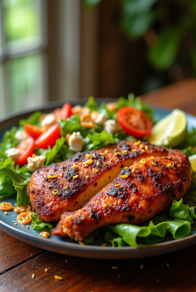 plate of jerk chicken and salad