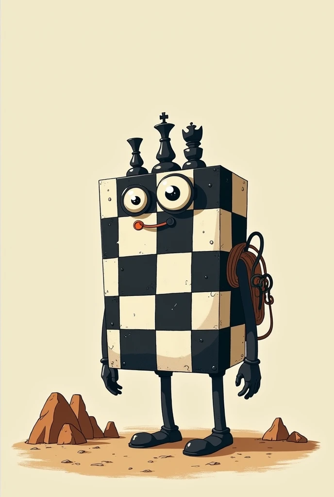 A SQUARE and BLACK AND WHITE chess board, who is going on a trip. Do it with arms and legs, is alive.
