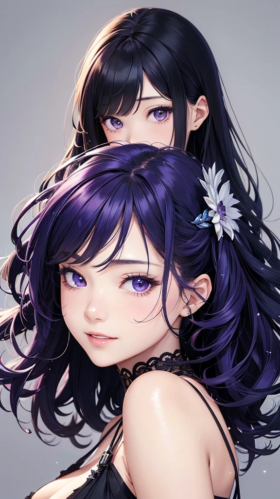 masterpiece、Highest quality、High resolution、High-quality images、8k, 1 female、Skin Radiance、Texture of skin and clothing、Expression of fine eyes、realism, detailed manga style, Manga art style, Perfect line drawing, Beautiful line art, digital manga art girl, Fuller lips, Gorgeous face with attention to detail, (smile), charm, Innocent, Side view, (Perfectly detailed face), (Beautiful Hands) Photorealistic images, Written boundary depth,evening、Adult female、I cut my bangs、Purple navy blue hair、Curly Hair、Black clothes、Amethyst Eyes