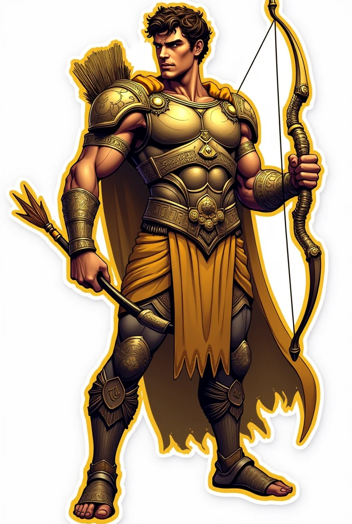 Apollo in an armour, firing a bow and arrow .Make his face a little fierce. No background. Sticker style. With touch of color yellow. Just show half his body. It has bold outline. He is holding a lyre also. He is facing to the front.