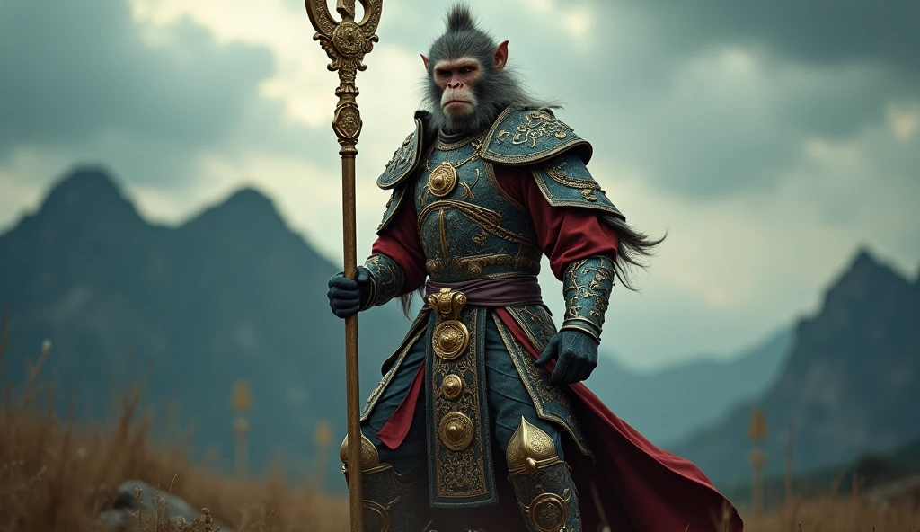 Sun Wukong, the Monkey King, with primary feature: ornate, battle-worn armor and a powerful golden staff standing resolutely through a stormy battlefield at dusk. The scene is captured from camera angle: medium, slightly low-angle shot, highlighting additional detail: the fierce determination in his gaze and the intricate designs of his armor, adorned with ancient symbols and gems. Lighting: dark, creates visual effects on the main subject's surface, with additional effects emphasizing the contrast between his fur and the gleaming metal of his armor. The background features background details: blurred storm clouds and distant mountains, all blurred to accentuate the main subject's commanding presence. The sky/background setting: turbulent, stormy skies enhance the overall atmosphere of impending battle and unyielding resolve.

(1.6-1) d S = δ Q rev T::[weight1] Golden staff::[weight2] Stormy battlefield --s Unyielding resolve --style Dark and stormy --quality Dusk tension