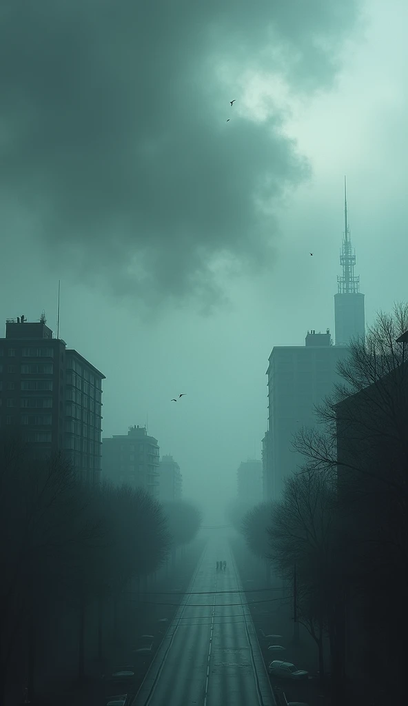 a city covered in fog, with dark clouds and trees nearby 