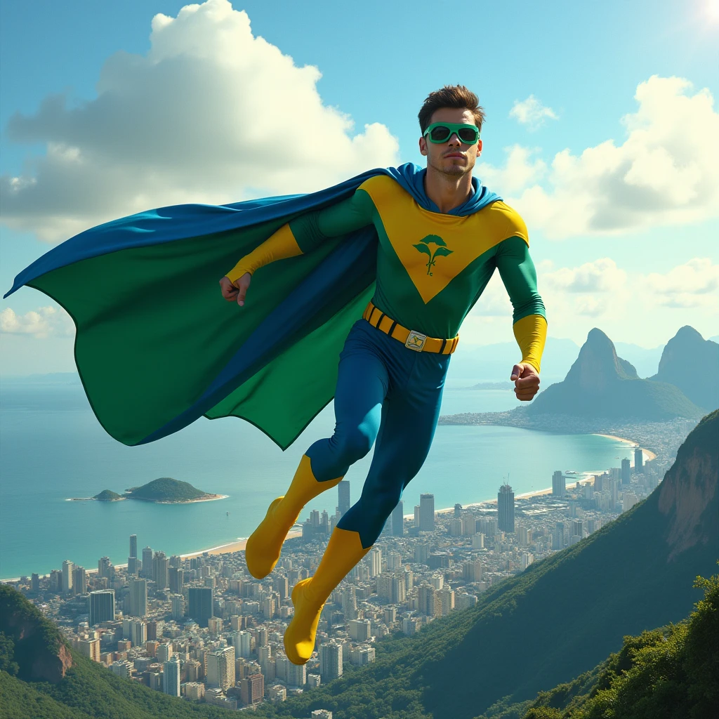 A Brazilian superhero, with green and yellow uniform, wearing a blue cape, flying over the city of rio de janeiro in brazil.