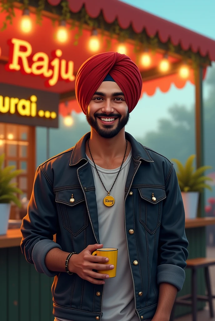 A 16 years punjabi BOY modern teenager ,HIGH DETAILS IMAGE,
REALISTIC ,very small beard ,wear a red turban,at the tea stall punjab and on writing bold name is"RAJU" , YELLOW SHOES ,DENIM BLACK JACKET ,FACE HIGH DETAILS,NECK IN "RAJU" WORD LOCKET , BACKGROUND IN WRITE CLEARLY"IAMRAJURAI_" COLOURFULL,SLOW SMILE, ATTRACTIVE SMILE, BACKGROUND HIGH GREEN LIGHTS PLANTS MORNING