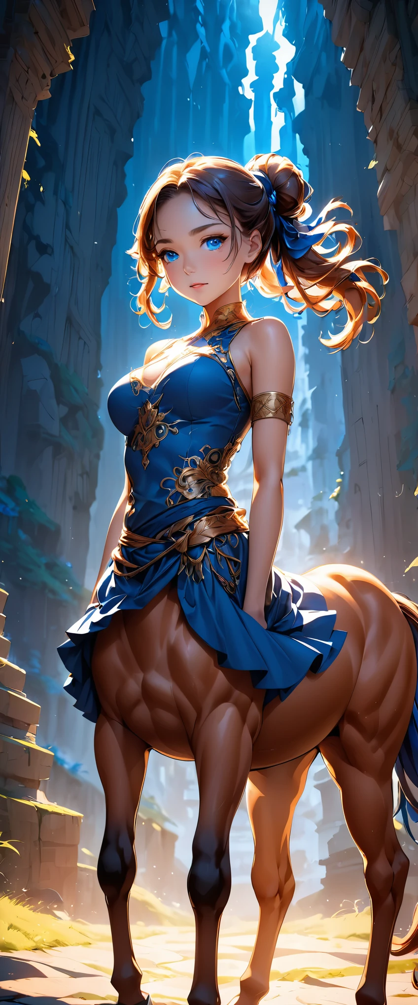 Intricately detailed female centaur, One female centaur, Well-balanced body, lewd eyes, Glamorous facial features, ((Beautiful Face, Blue Eyes, Long eyelashes, Natural Makeup)), Hair tied up, Heroine, Dress worn around the waist, ((Dynamic action scenes)), Majestic mythical creatures, Dramatic lighting, Fantasy art style, Cinematic構図, Bright colors, Dramatic Shadows, (Highest quality:1.2, Very detailed, Anime Style, High Contrast, Attention to detail, Ultra-high resolution, masterpiece:1.2), Cinematic写真, Complex background, Cinematic, Backlight, Film Grain,