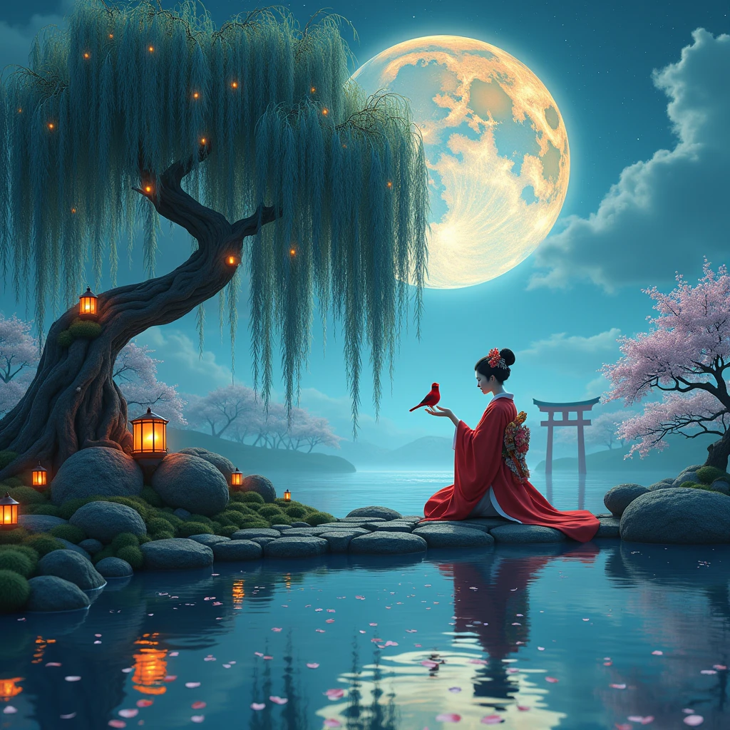 A mesmerizing wide-angle shot captures a surreal Japanese garden bathed in ethereal moonlight. At the center, a serene geisha kneels on a moss-covered stone island, her vibrant crimson kimono a stark contrast against the dreamy blues and pinks of the surroundings.The geisha's face is painted white, her features delicate and composed. Her elaborate hairdo is adorned with ornate kanzashi, glinting in the moonlight. She extends a graceful hand, upon which a vibrant red bird perches, its feathers ruffled slightly in the gentle breeze.To her left, an ancient weeping willow tree dominates the frame. Its gnarled trunk twists artistically, adorned with clusters of glowing lanterns that cast a warm, golden light. The willow's cascading branches create a curtain of blue-green leaves, their tips barely touching the water's surface.The water itself is a mirror-like expanse, perfectly still save for concentric ripples emanating from the geisha's island. Cherry blossom petals float on the surface, creating a delicate pink pathway leading to a distant torii gate barely visible in the misty background.The sky is a masterpiece of swirling clouds and stars, centered around an impossibly large crescent moon. Intricate golden filigree patterns adorn the moon's surface, giving it an almost three-dimensional quality.The color palette is rich and dream-like: deep teals, vibrant crimsons, soft pinks, and luminous golds. Every element, from the smallest pebble to the grandest tree, is rendered with hyper-realistic detail, yet maintains an air of fantasy and wonder.The lighting is complex, blending the soft glow of the moon, the warm flicker of lanterns, and hints of bioluminescence from unseen sources. This creates a depth and dimensionality that draws the viewer into this enchanted world. Intricate details, depth of field, sharp focus, best quality.