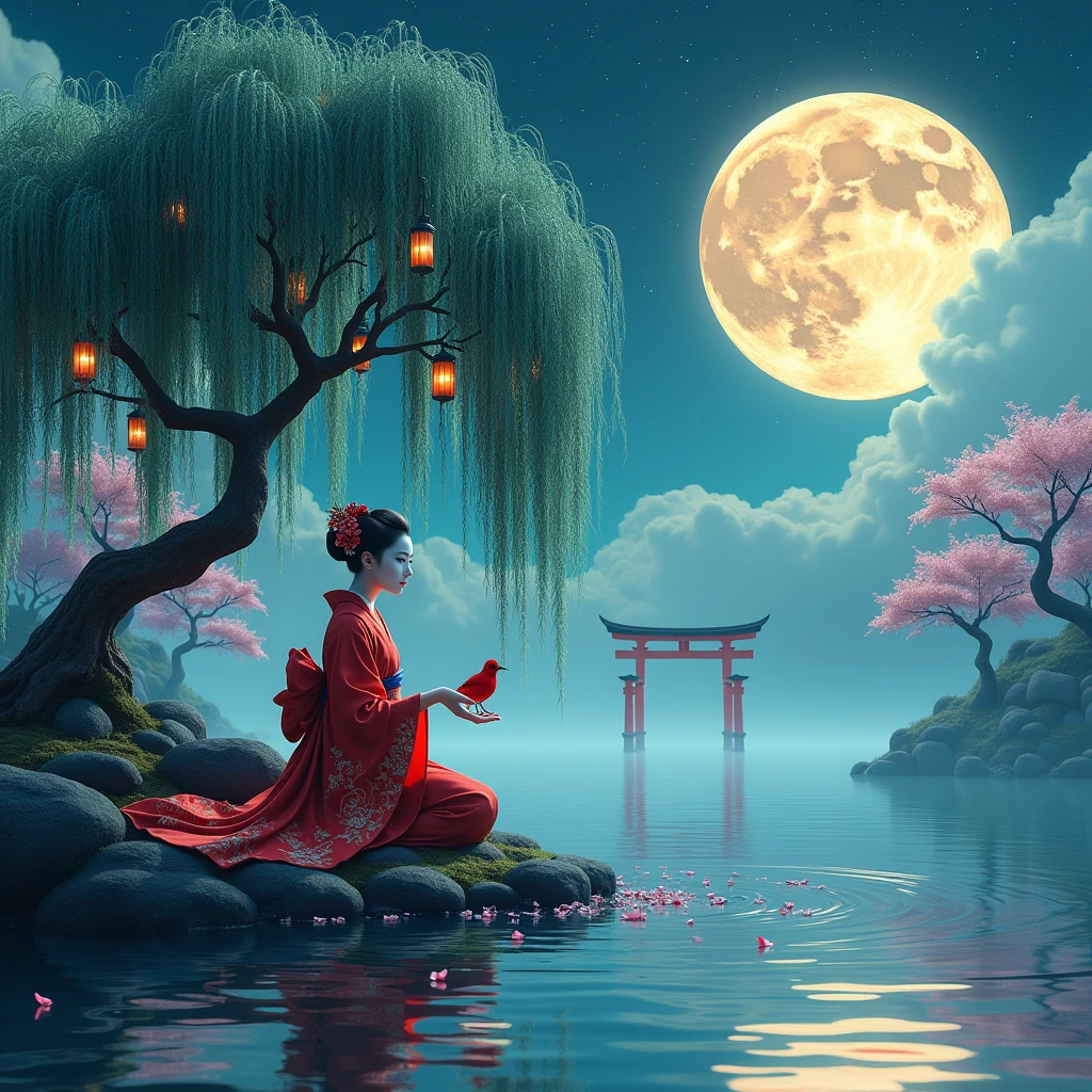 A mesmerizing wide-angle shot captures a surreal Japanese garden bathed in ethereal moonlight. At the center, a serene geisha kneels on a moss-covered stone island, her vibrant crimson kimono a stark contrast against the dreamy blues and pinks of the surroundings.The geisha's face is painted white, her features delicate and composed. Her elaborate hairdo is adorned with ornate kanzashi, glinting in the moonlight. She extends a graceful hand, upon which a vibrant red bird perches, its feathers ruffled slightly in the gentle breeze.To her left, an ancient weeping willow tree dominates the frame. Its gnarled trunk twists artistically, adorned with clusters of glowing lanterns that cast a warm, golden light. The willow's cascading branches create a curtain of blue-green leaves, their tips barely touching the water's surface.The water itself is a mirror-like expanse, perfectly still save for concentric ripples emanating from the geisha's island. Cherry blossom petals float on the surface, creating a delicate pink pathway leading to a distant torii gate barely visible in the misty background.The sky is a masterpiece of swirling clouds and stars, centered around an impossibly large crescent moon. Intricate golden filigree patterns adorn the moon's surface, giving it an almost three-dimensional quality.The color palette is rich and dream-like: deep teals, vibrant crimsons, soft pinks, and luminous golds. Every element, from the smallest pebble to the grandest tree, is rendered with hyper-realistic detail, yet maintains an air of fantasy and wonder.The lighting is complex, blending the soft glow of the moon, the warm flicker of lanterns, and hints of bioluminescence from unseen sources. This creates a depth and dimensionality that draws the viewer into this enchanted world. Intricate details, depth of field, sharp focus, best quality.