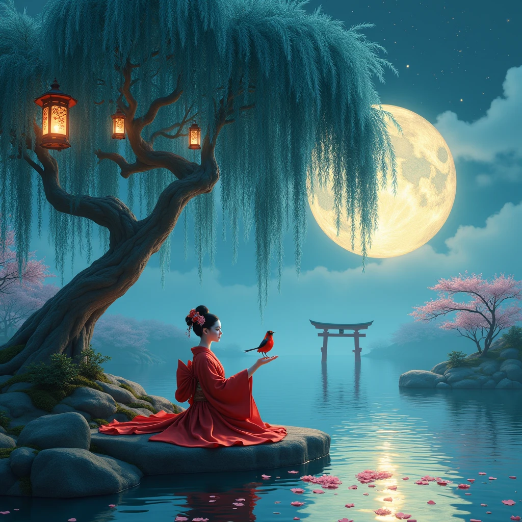 A mesmerizing wide-angle shot captures a surreal Japanese garden bathed in ethereal moonlight. At the center, a serene geisha kneels on a moss-covered stone island, her vibrant crimson kimono a stark contrast against the dreamy blues and pinks of the surroundings.The geisha's face is painted white, her features delicate and composed. Her elaborate hairdo is adorned with ornate kanzashi, glinting in the moonlight. She extends a graceful hand, upon which a vibrant red bird perches, its feathers ruffled slightly in the gentle breeze.To her left, an ancient weeping willow tree dominates the frame. Its gnarled trunk twists artistically, adorned with clusters of glowing lanterns that cast a warm, golden light. The willow's cascading branches create a curtain of blue-green leaves, their tips barely touching the water's surface.The water itself is a mirror-like expanse, perfectly still save for concentric ripples emanating from the geisha's island. Cherry blossom petals float on the surface, creating a delicate pink pathway leading to a distant torii gate barely visible in the misty background.The sky is a masterpiece of swirling clouds and stars, centered around an impossibly large crescent moon. Intricate golden filigree patterns adorn the moon's surface, giving it an almost three-dimensional quality.The color palette is rich and dream-like: deep teals, vibrant crimsons, soft pinks, and luminous golds. Every element, from the smallest pebble to the grandest tree, is rendered with hyper-realistic detail, yet maintains an air of fantasy and wonder.The lighting is complex, blending the soft glow of the moon, the warm flicker of lanterns, and hints of bioluminescence from unseen sources. This creates a depth and dimensionality that draws the viewer into this enchanted world. Intricate details, depth of field, sharp focus, best quality.