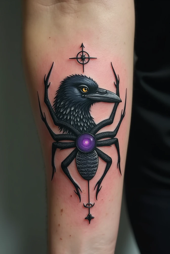 small tattoo with few details, that serves as protection, health and luck. A hybrid of a crow, a snake and tarantula, black and grey, Right gray heterochromatic eyes with purple on the left
