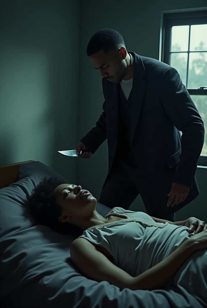 A beautiful African woman, Seraphina, lies on a simple bed, her expression frozen in shock and horror. Beside her, a man with a sinister, unnervingly intense gaze holds a gleaming knife, his hand hovering near her arm. The atmosphere is tense and foreboding, with shadows dancing across the walls, as Seraphina realizes the man's dark intentions. The moonlight filters through a small window, casting a faint glow on the scene, highlighting the moment of terror without depicting explicit violence. The mood is haunting, capturing the sinister and disturbing nature of the encounter.