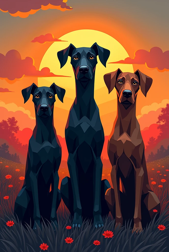 Trois chiens. Deux noirs et un marron/????. Avec un fond coucher de soleil. Dans un univers cartoon. Une version très abstraite des chiens. 