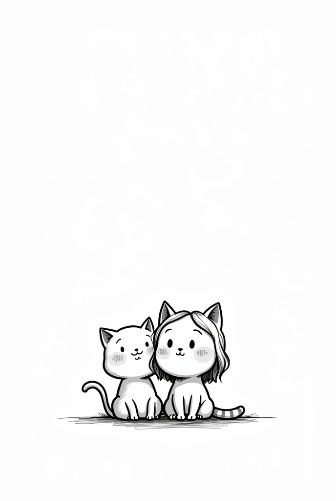 (Most of the background is solid white color.),doodle, minimalist, black and white, Simple little cute cartoon human girl, sitting down beside a cat