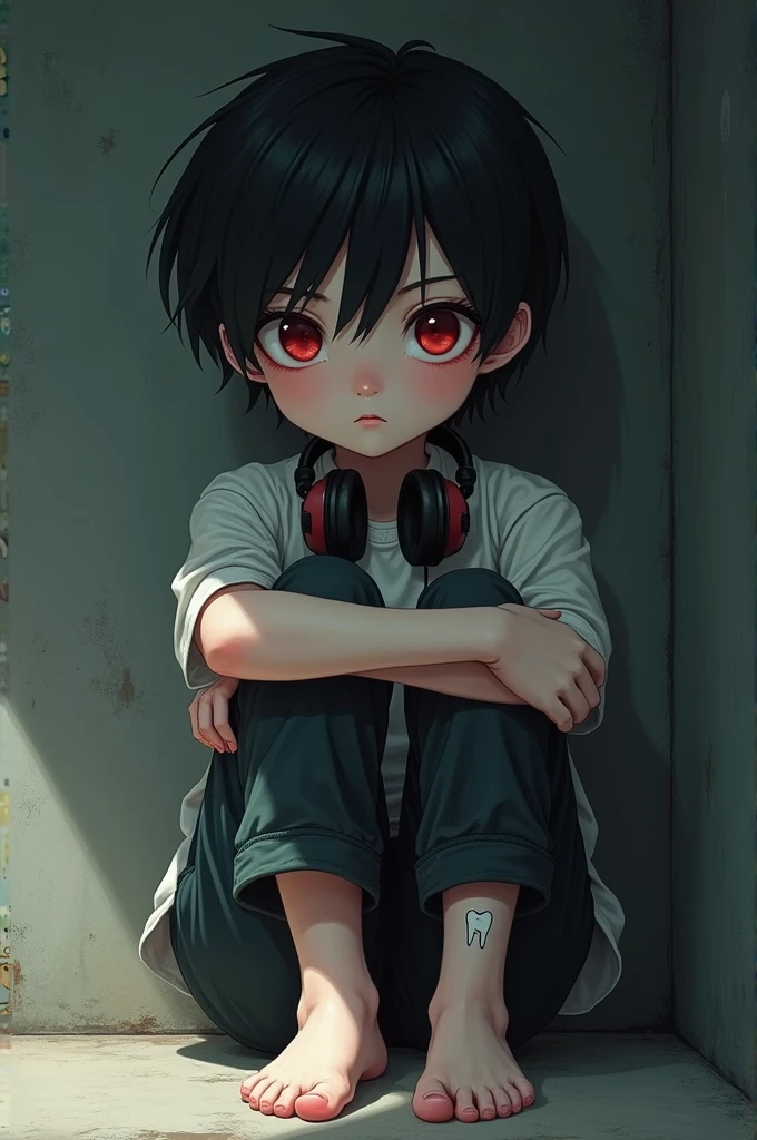 A boy with short black hair,Have alopecia,Tops that go above the knee,Very white skin,No shoes,There is a tooth mark on the ankle,Wearing headphones,Eyes are red。