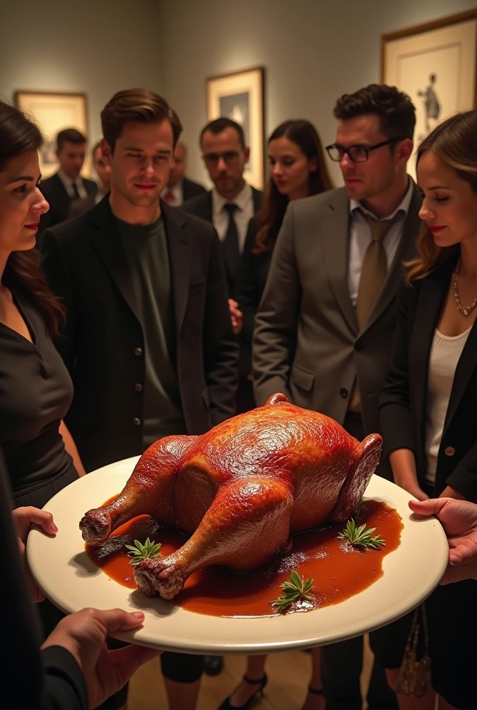  in an art gallery, instead of a traditional sculpture, There is a piece of roast meat placed on a plate. The meat is surrounded by many spectators who look at it with curiosity.. 