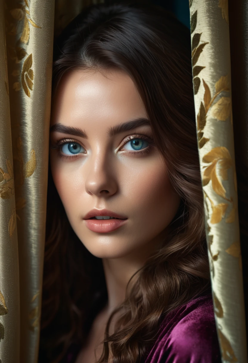 RAW photo, beautiful eyes, masterpiece, peeking out from behind the curtains, colorful details, award-winning, high detail, 8 K, daylight, analog film, detailed skin, stunning composition, complex parts, subsurface scattering, velvet hair, amazing textures, cinematic, chiaroscuro, soft light