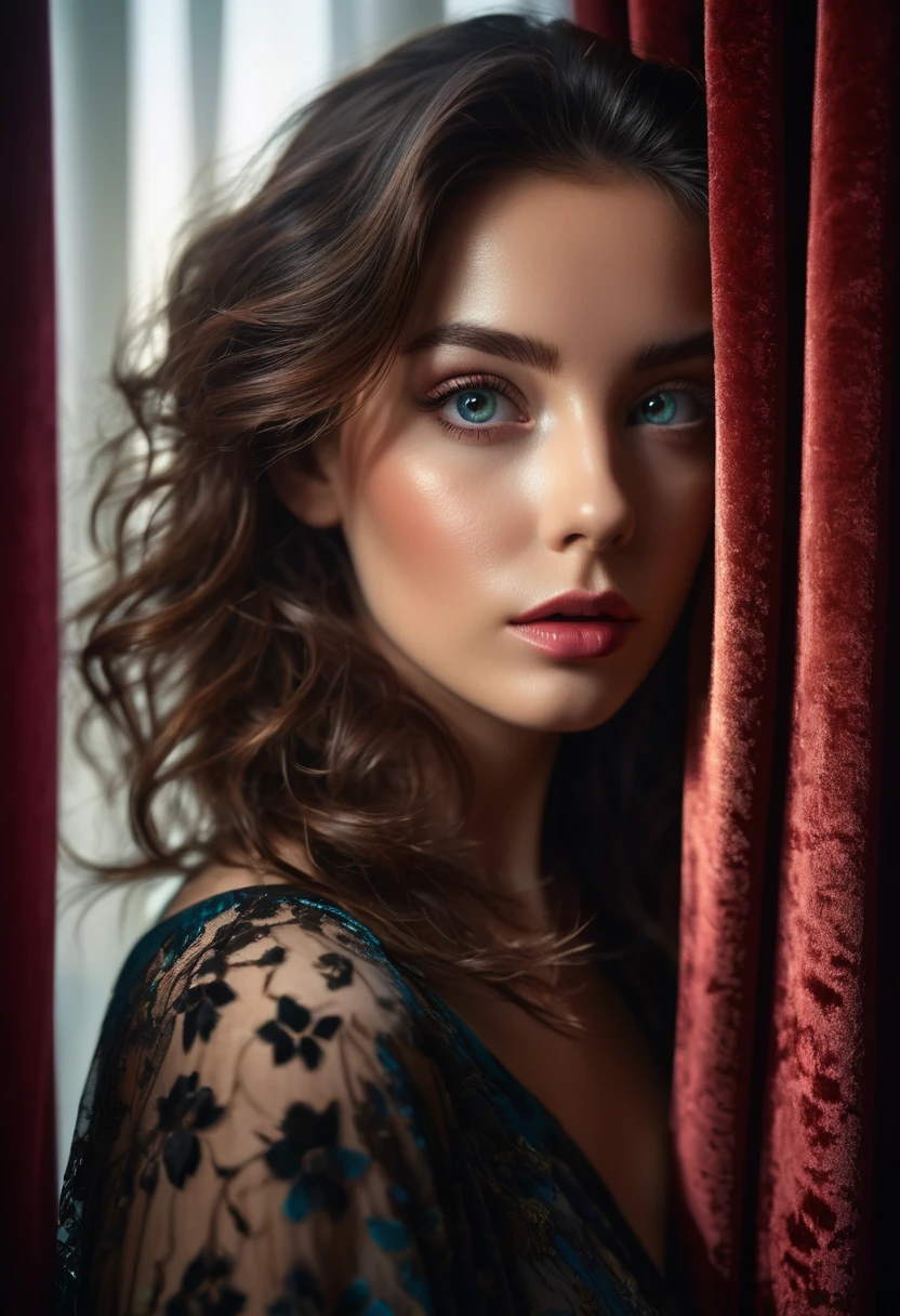 RAW photo, beautiful eyes, masterpiece, peeking out from behind the curtains, colorful details, award-winning, high detail, 8 K, daylight, analog film, detailed skin, stunning composition, complex parts, subsurface scattering, velvet hair, amazing textures, cinematic, chiaroscuro, soft light