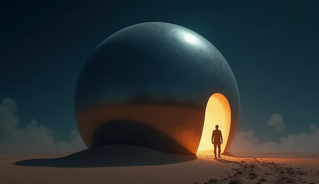 a massive mirror smooth sphere rest on the desert floor at night. a small oval door is open near ground level, spilling light onto the sand, the silhouette of a man stands in the door, photo realistic