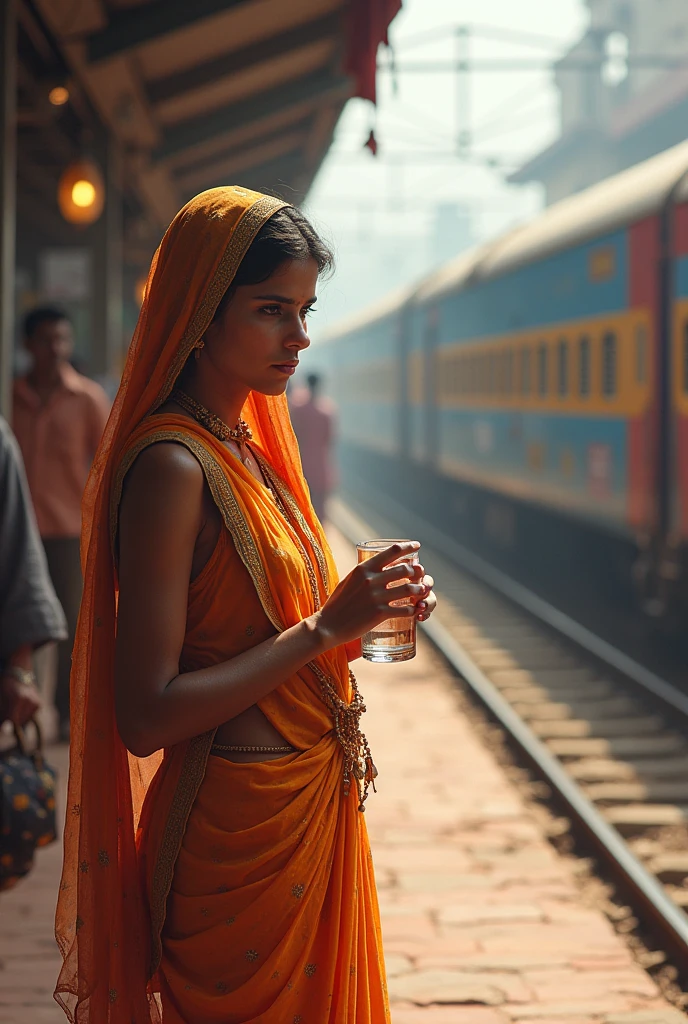 A girl from rajasthan natasa has drinking water at railway station
