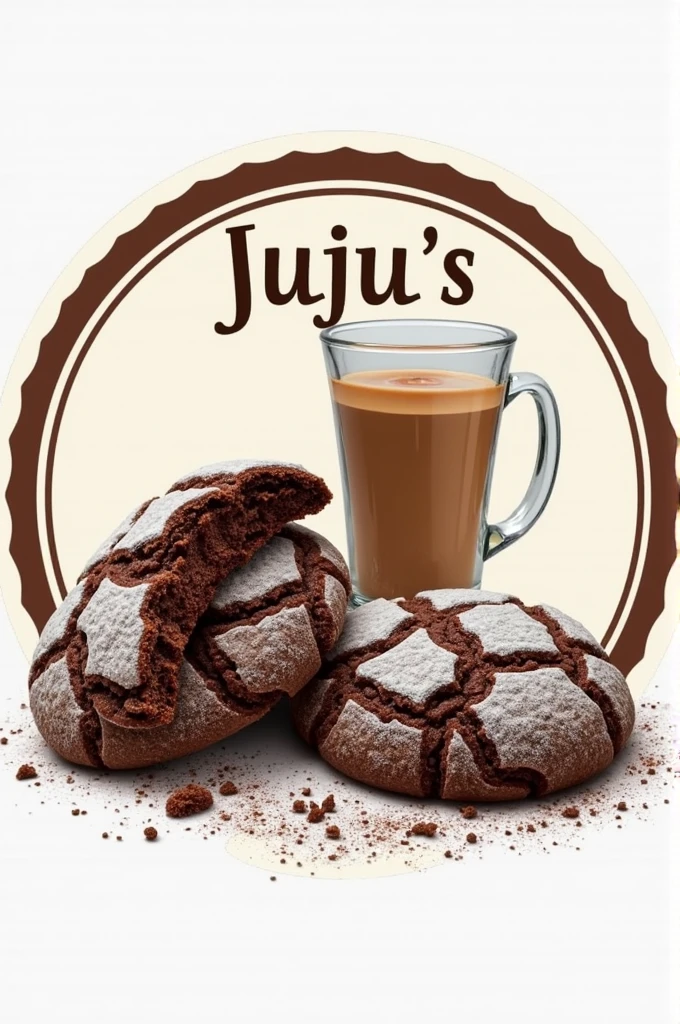 create a logo that shows chocolate crinkle cookies covered in powdered sugar and iced coffee.
the logo must be round.
Put my business name "Juju's Pastry and Cafe" on top or bottom or in the logo.
"Juju's Pastry and Cafe"