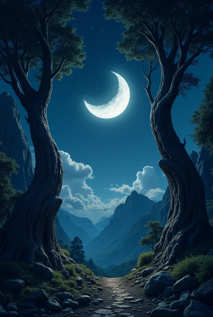 Beautiful sky with half moon realistic,tree 