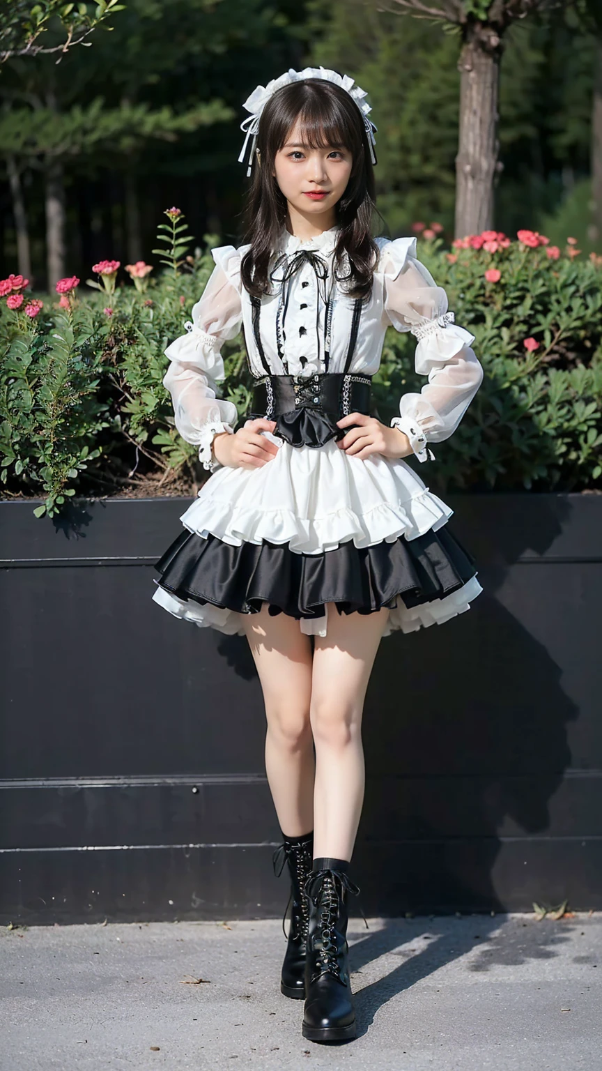 (8k、RAW Photos、Highest quality、masterpiece:1.2)、(Realistic、Realistic)、1 girl、((black and white、mini skirt、Goth、See-through、大きなribbon、Frills、boots、ribbon、garden、Thin legs、whole body、View from the front、Looking into the camera、Stand with hands on hips))、cute