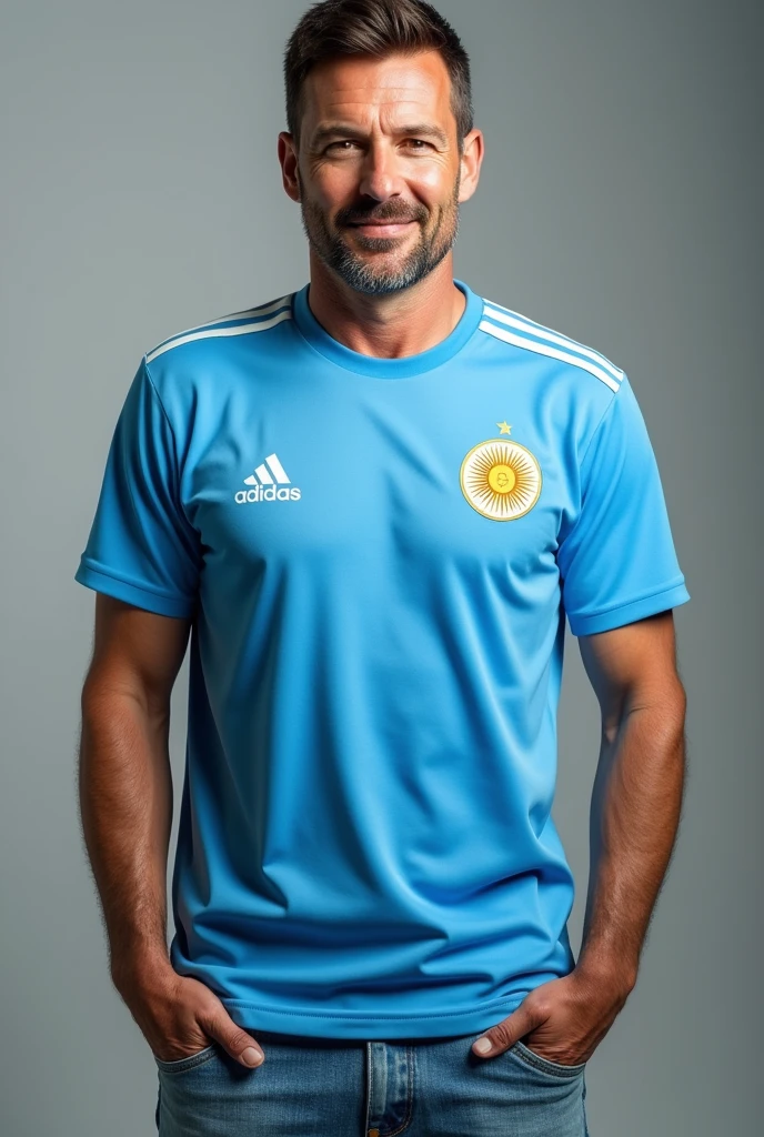 A man wearing an Argentine shirt and light blue jeans