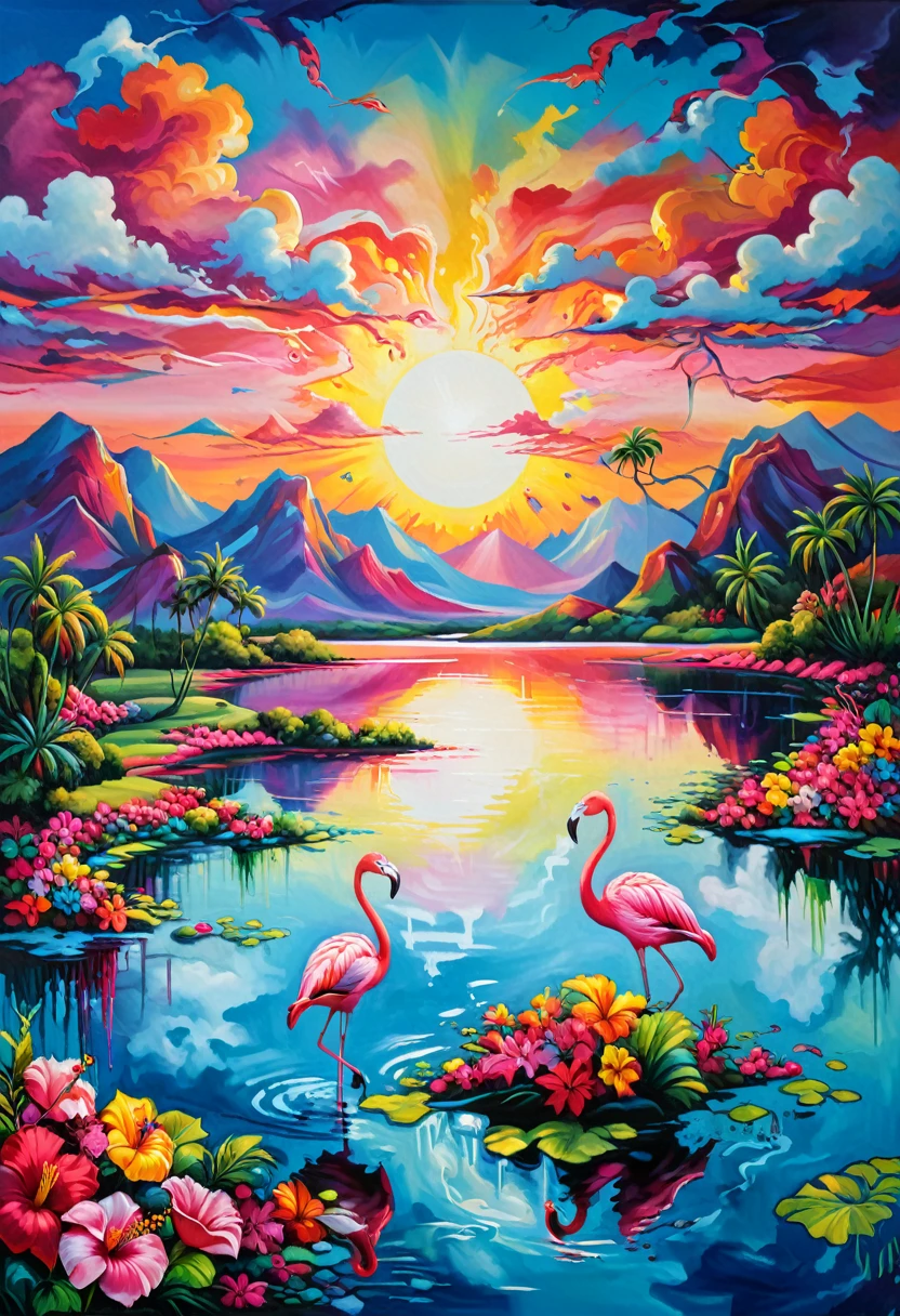Masterpiece, Best composition, Dynamic composition, Colorful landscape painting, Flamingos and hibiscus on a lake, Close-up of flamingos, Psychedelic landscape, Vivid oil painting, Vivid abstract landscape, Color field painting. Colorful landscape, colorful oil painting, psychedelic lake, colorful sky, large colorful image.
