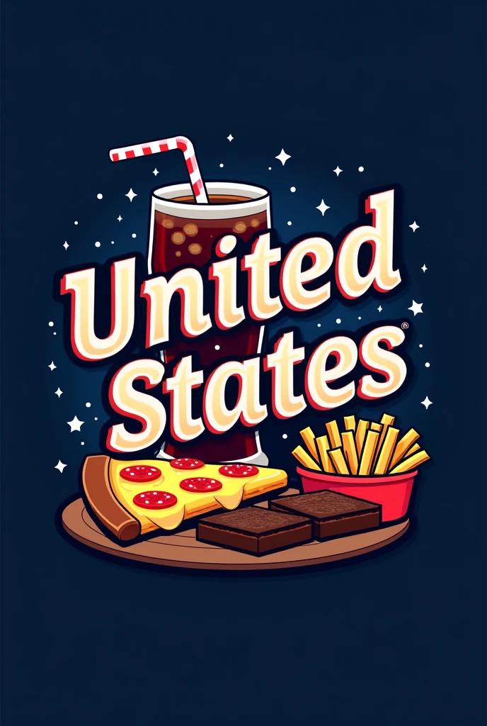 A logo with a dark blue background, in the center the name UNITED STATES, in bold white font with red outline, a delicious slice of pizza, on the right a glass of soda with bubbles, below the text a portion of golden fries and brownies