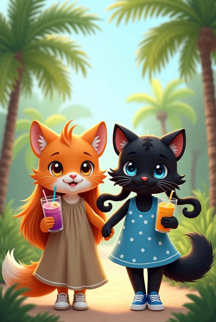 Cute and fluffy orange anthropomorphic fox of small stature in a dark beige full-length sundress.Fox shoes white sneakers. The fox has orange hair that reaches the floor.. A fox holds a sling with a grape cocktail and a straw in its paw. Next to the fox is a cute anthropomorphic fluffy black panther in a short bright blue mini sundress with white polka dots. Panther shoes blue sneakers.The panther has a hairstyle on the sides of its head with two black ponytails reaching to the floor.. The panther has kind blue eyes. Panther holds a sling with a mango cocktail and a straw in its paw. They walk holding paws along a path in a palm forest.. The fox is wearing a floor-length sarafan, and the panther has a mini. The panther has two tails of hair on its head, very long. The panther has a cat-like tail. The fox has a floor-length dress.

