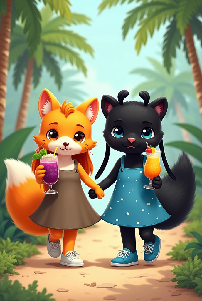 Cute and fluffy orange anthropomorphic fox of small stature in a dark beige full-length sundress.Fox shoes white sneakers. The fox has orange hair that reaches the floor.. A fox holds a sling with a grape cocktail and a straw in its paw. Next to the fox is a cute anthropomorphic fluffy black panther in a short bright blue mini sundress with white polka dots. Panther shoes blue sneakers.The panther has a hairstyle on the sides of its head with two black ponytails reaching to the floor.. The panther has kind blue eyes. Panther holds a sling with a mango cocktail and a straw in its paw. They walk holding paws along a path in a palm forest.. The fox is wearing a floor-length sarafan, and the panther has a mini. The panther has two tails of hair on its head, very long. The panther has a cat-like tail. The fox has a floor-length dress.