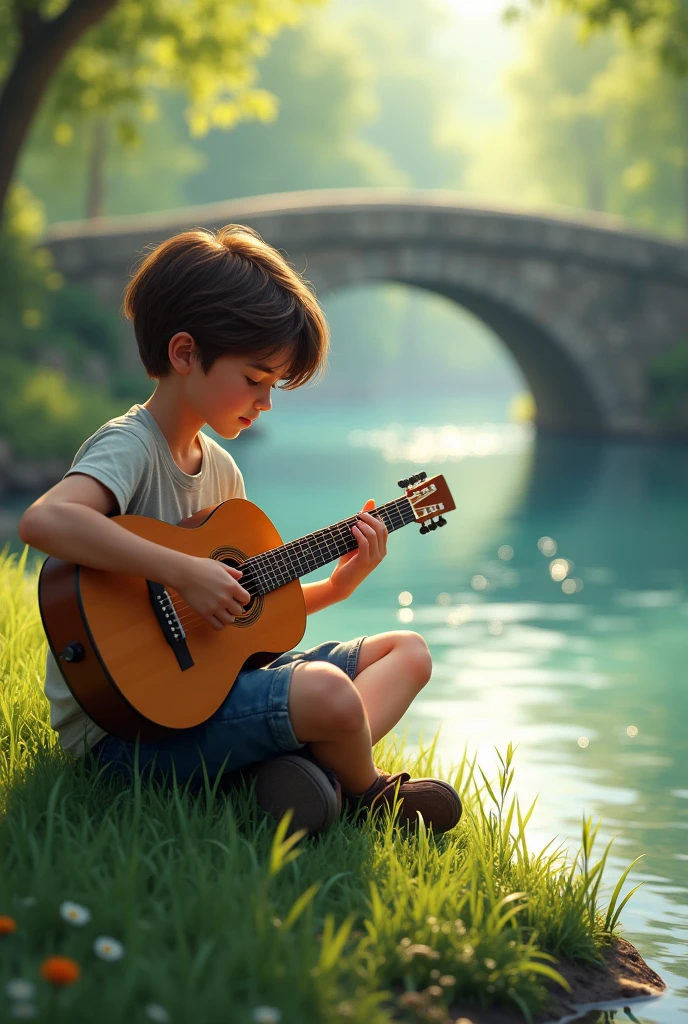 A boy playing guitar. Sitting near river with bridge view. He is sitting on grass.