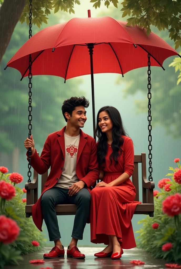 Slowly slowly rain with Ali and waniya with red flowers garden couple sitdown in a chain swing Ali plug in a umbrella and Ali red coat and flowers design t shirt and waniya dress in a red frock and couple smiling faces with Ali 18 year and couple shoes color is red and umbrella color is red in prompts
