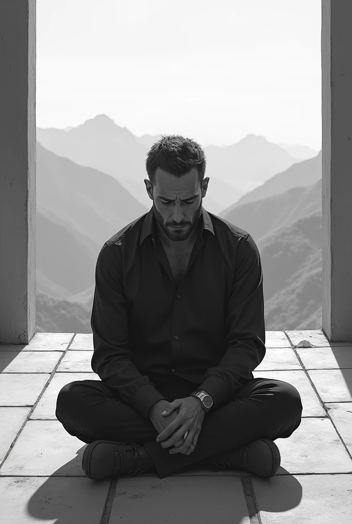 Make an emotional male model on floor terrace, black and white
