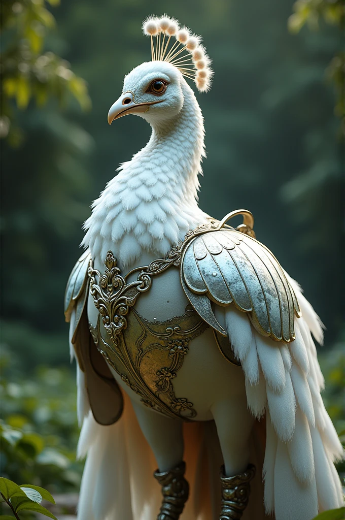 Front side of a white peacock in an iron armour
