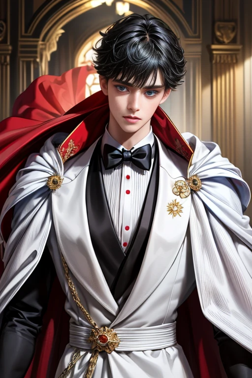 masterpiece, 最high quality, high quality, 1 boy, alone, Male focus, Upper Body,Watching the audience, Messy black hair, Adorable big blue eyes, White, Noble, Noble,A black and red cape that is bursting with sexy volume、Tuxedo、A very voluminous, large, very large, very large, long, long red and black cape with a high stand-up collar, made of a lot of fabric that reaches down to the floor., ,cute beautiful,Cute, cute, kind, handsome guy