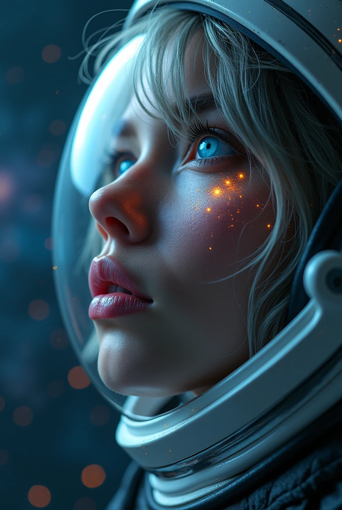 (Close-up of a better masterpiece:1.5)0.9], (Space and astronauts:1.2) (Messy silver hair:1.1) (Heterochromia xanthochromia and blue eyes:1.2) (Space Helmet:1.0) (Colored stars in the eyes:1.0) (A radiant glow:1.1) (thick lips:0.9)