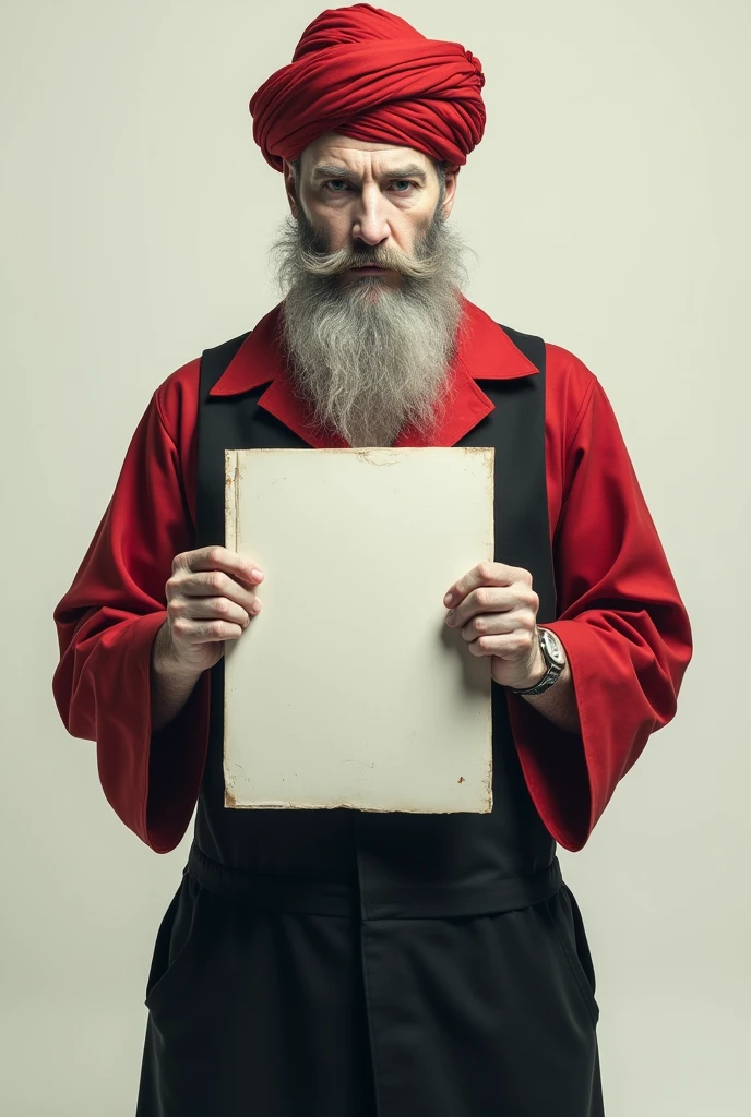 A male psychic, offwhite, segurando uma placa em offwhite, wearing red shirt, black hunting, with beard, wearing a turban