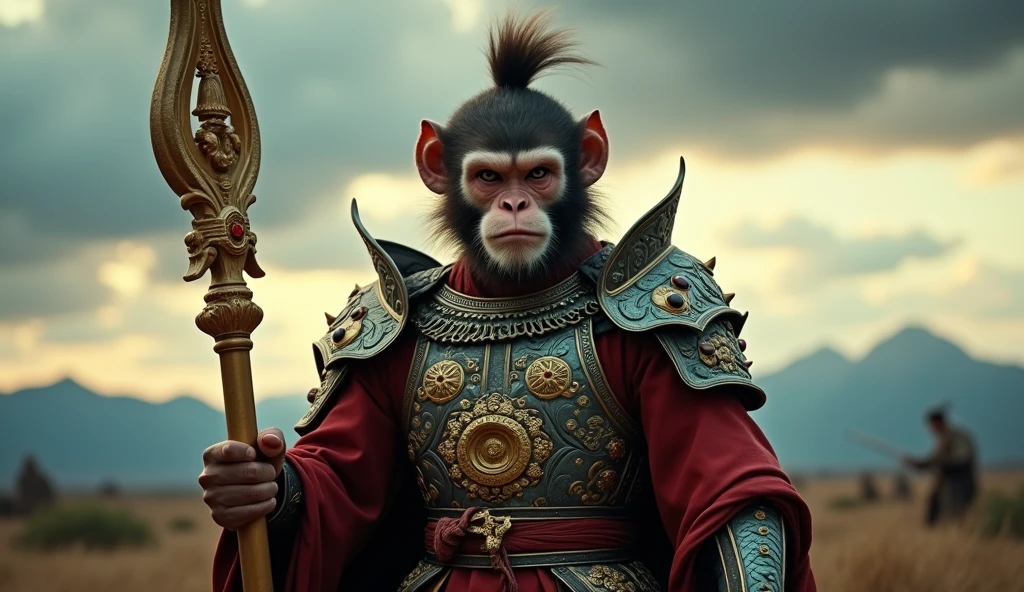 Sun Wukong, the Monkey King, with primary feature: ornate, battle-worn armor and a powerful golden staff standing resolutely through a stormy battlefield at dusk. The scene is captured from camera angle: medium, slightly low-angle shot, highlighting additional detail: the fierce determination in his gaze and the intricate designs of his armor, adorned with ancient symbols and gems. Lighting: dark, creates visual effects on the main subject's surface, with additional effects emphasizing the contrast between his fur and the gleaming metal of his armor. The background features background details: blurred storm clouds and distant mountains, all blurred to accentuate the main subject's commanding presence. The sky/background setting: turbulent, stormy skies enhance the overall atmosphere of impending battle and unyielding resolve.

(1.6-1) d S = δ Q rev T::[weight1] Golden staff::[weight2] Stormy battlefield --s Unyielding resolve --style Dark and stormy --quality Dusk tension