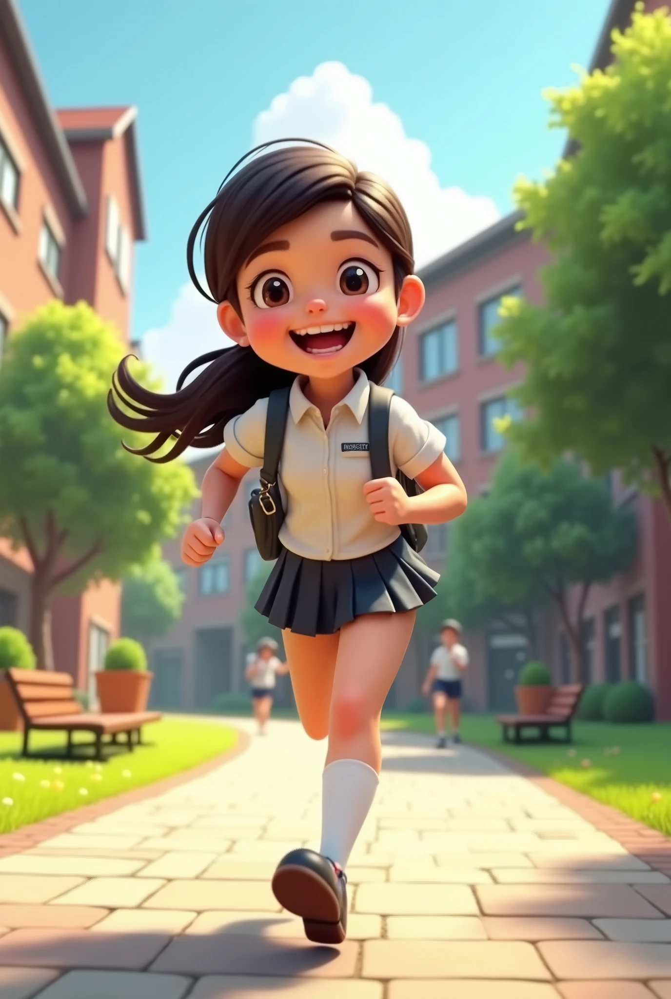 A girl running in the campus,Wearing school uniform,carrying a bag,Smiling happy expression,Cartoon 3D style