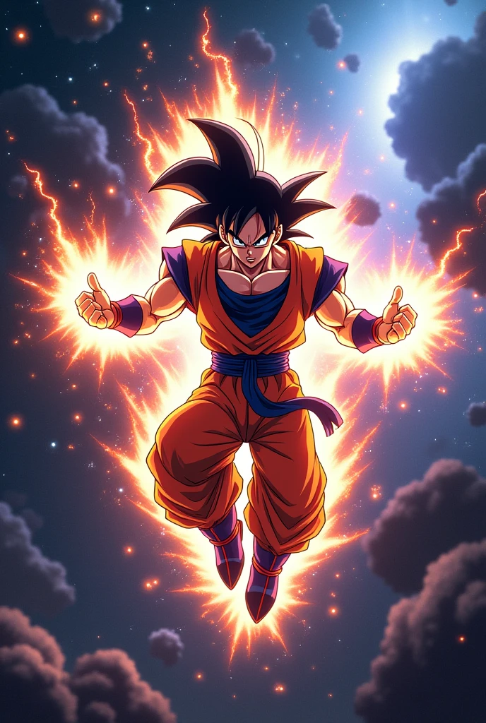 Generates an image of Goku in space launching an energy attack with both hands