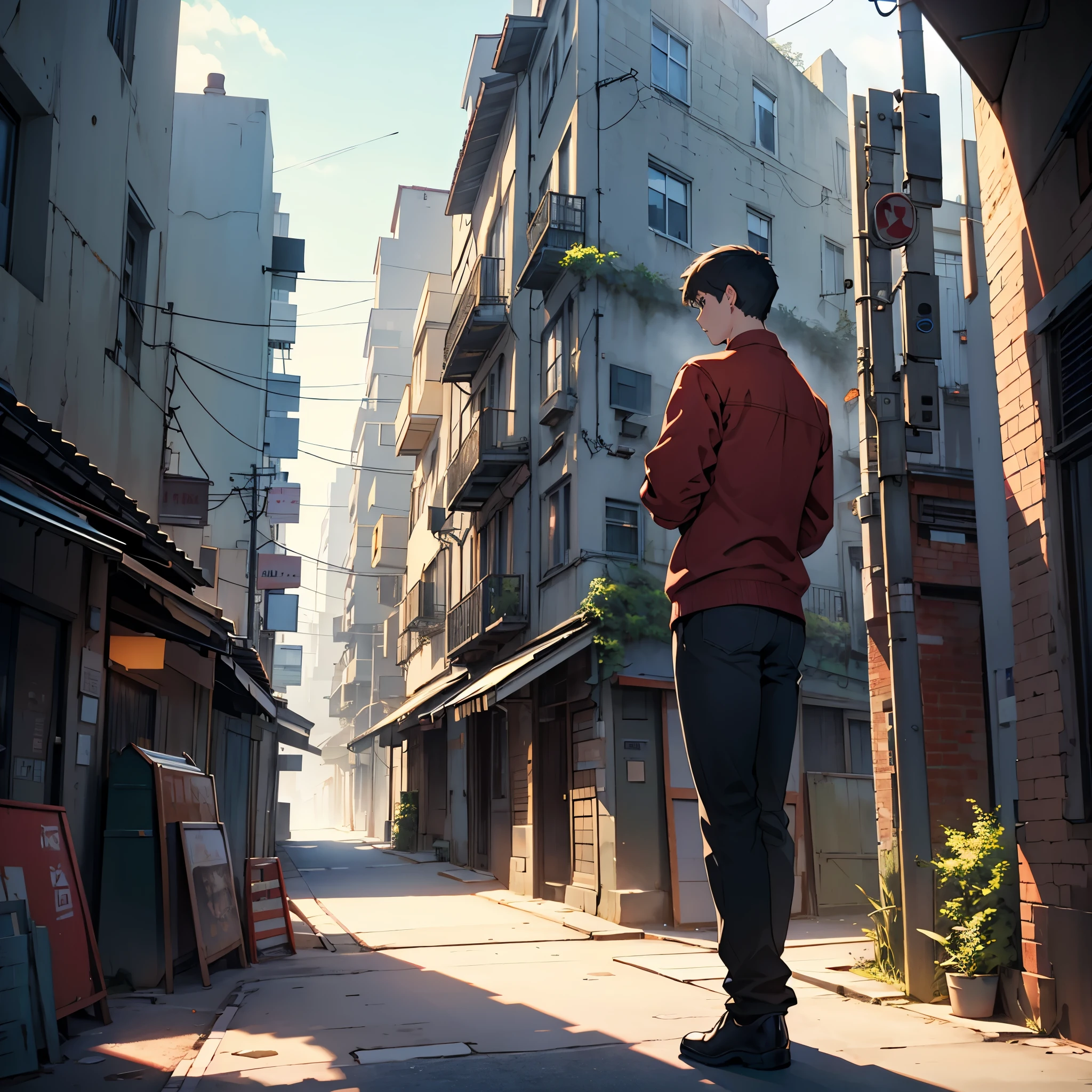 high resolution, Medium range image(×3), short hair, boy, Dan Fa, tall building, sit, Turn your back., Solo, Evening