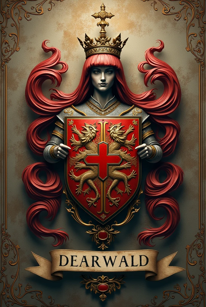 Créé un blason pour la dynastie Dearwald. C'est une puissante famille de sorciers composés d'intellectuels nés au Royaume-Uni. Ils sont à la fois admirés et craint. Ils possèdent également le titre de comte du Norfolk. Donne lui un air ancien avec une devise latine dessous. Le nom Dearwald doit apparaître sous le blason dans une banderole.